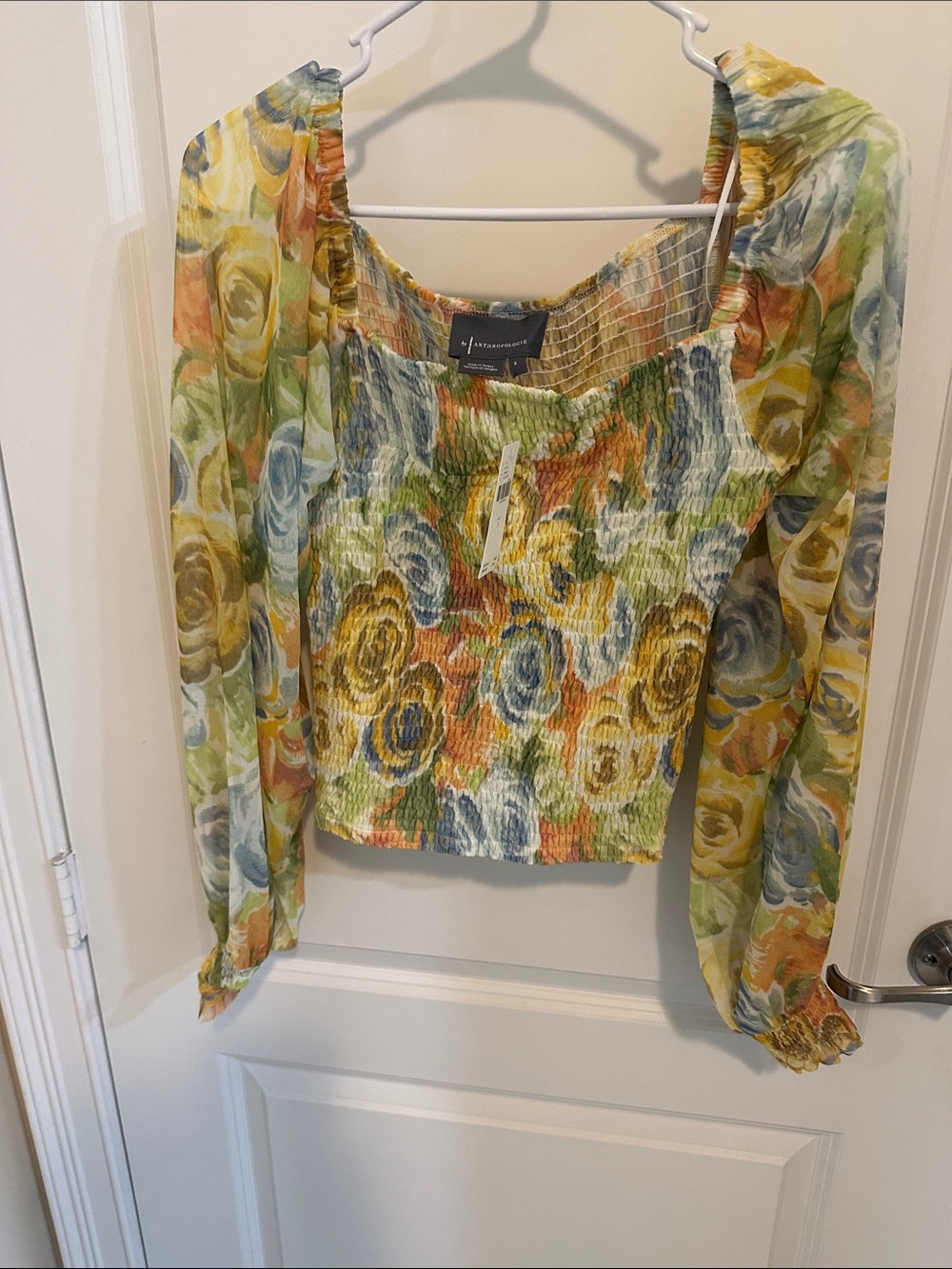 Anthropologie Yellow Floral Smocked Square-Neck Top